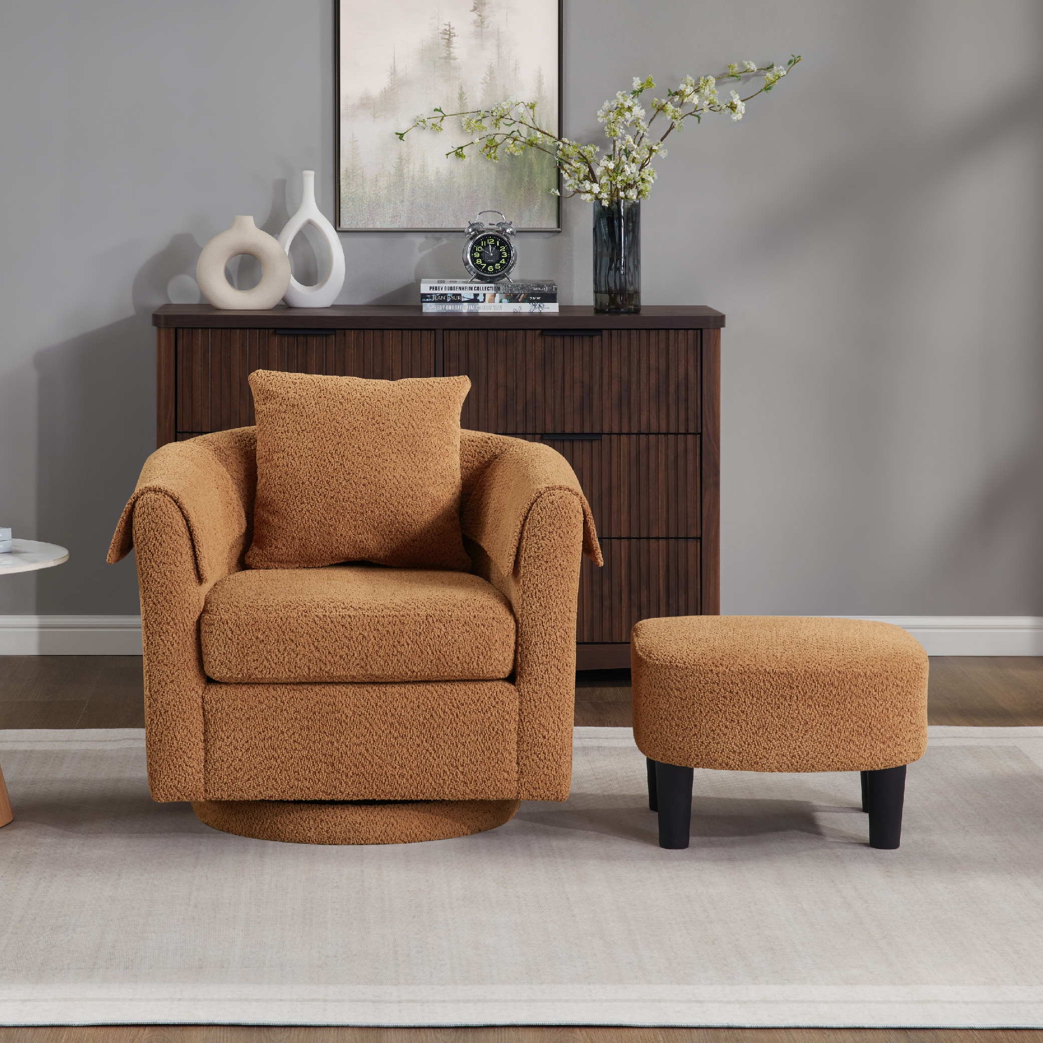 Swivel Accent Chair With Ottoman Set, Modern Chenille Barrel Armchair With Removable Back Pillow & 2 Armrest Covers For Living Room, Bedroom, Office, Yellow_maomaolike.com